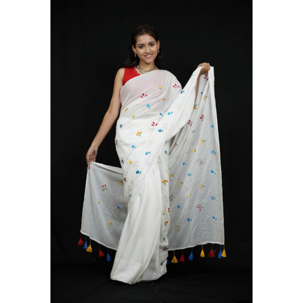 Isadora Life Womens Embroidered Tassels White Pre-Draped Saree With Unstitched Blouse