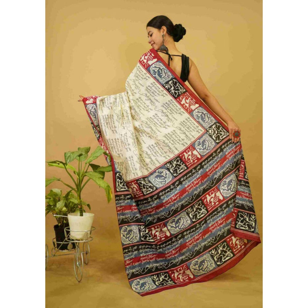 Isadora Life Womens Typography Printed Cream Pre-Draped Saree With Unstitched Blouse