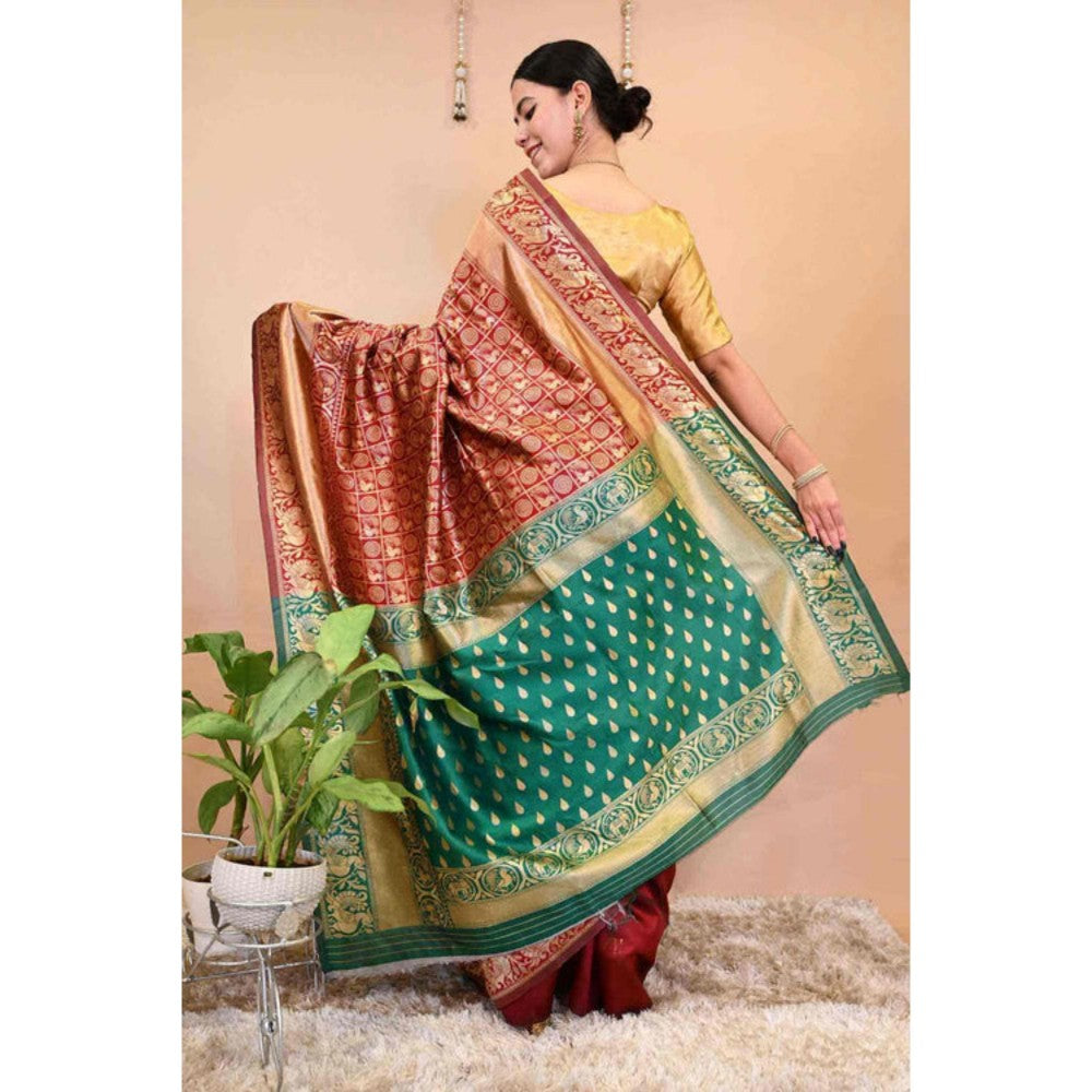 Isadora Life Womens Woven Zari Red Pre-Draped Saree With Unstitched Blouse