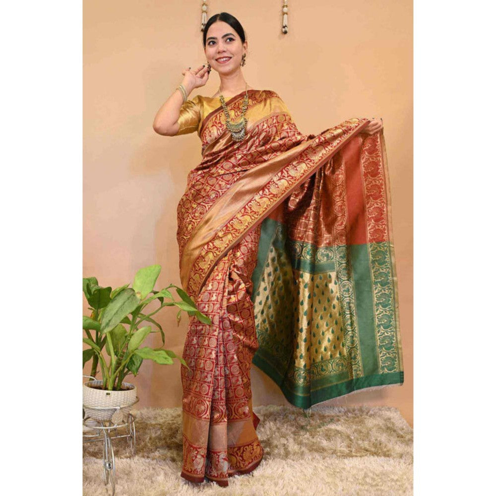 Isadora Life Womens Woven Zari Red Pre-Draped Saree With Unstitched Blouse