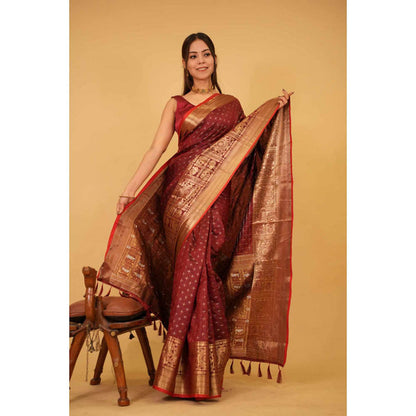 Isadora Life Womens Woven Tassels Maroon Pre-Draped Saree With Unstitched Blouse