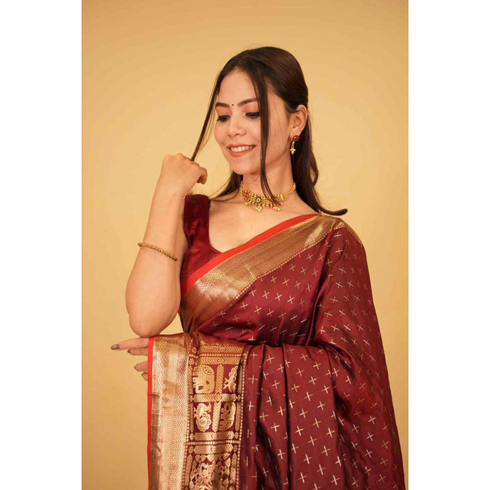 Isadora Life Womens Woven Tassels Maroon Pre-Draped Saree With Unstitched Blouse