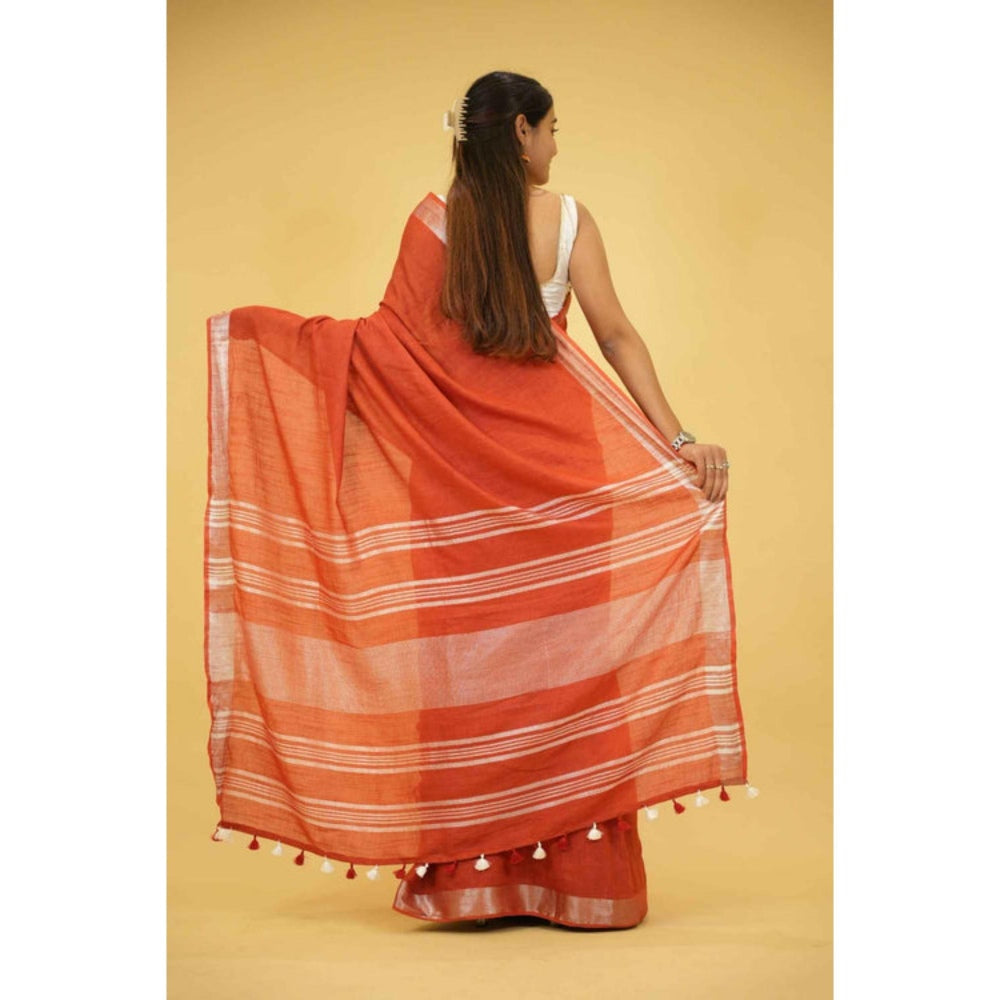 Isadora Life Womens Woven Tassels Orange Pre-Draped Saree With Unstitched Blouse