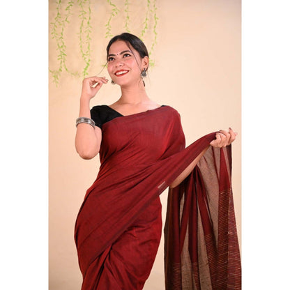 Isadora Life Womens Woven Tassels Maroon Pre-Draped Saree With Unstitched Blouse