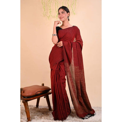 Isadora Life Womens Woven Tassels Maroon Pre-Draped Saree With Unstitched Blouse