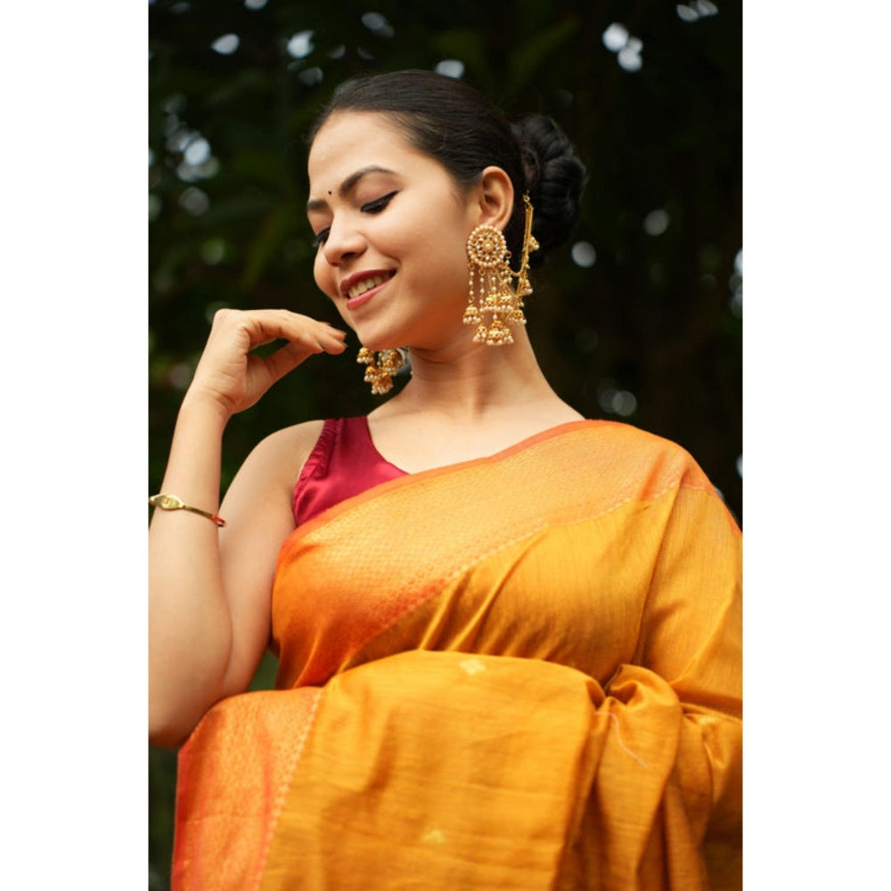 Isadora Life Womens Woven Tassels Yellow Pre-Draped Saree With Unstitched Blouse