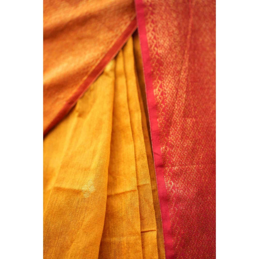 Isadora Life Womens Woven Tassels Yellow Pre-Draped Saree With Unstitched Blouse