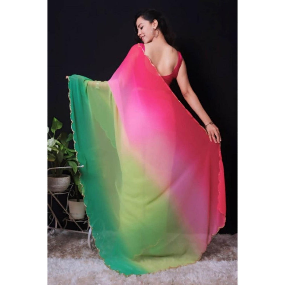Isadora Life Womens Ombre Printed Multi-Color Pre-Draped Saree With Unstitched Blouse