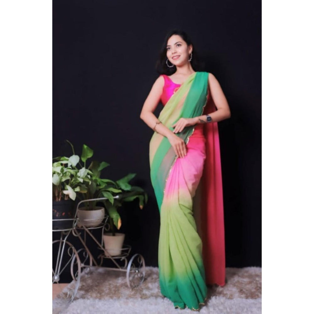 Isadora Life Womens Ombre Printed Multi-Color Pre-Draped Saree With Unstitched Blouse