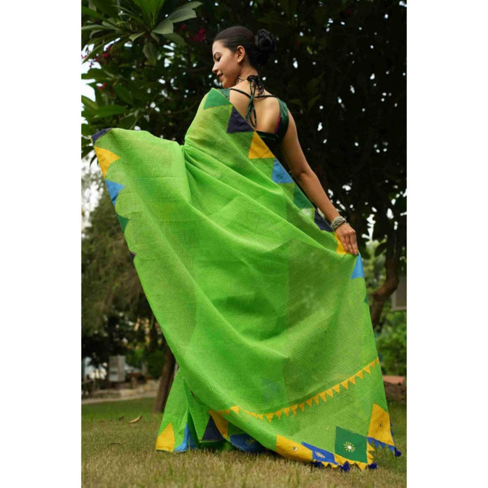 Isadora Life Womens Solid Tassels Green Pre-Draped Saree With Unstitched Blouse