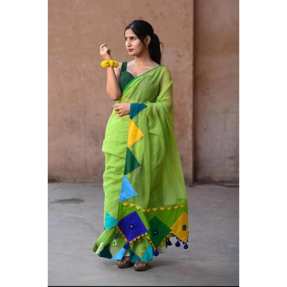 Isadora Life Womens Solid Tassels Green Pre-Draped Saree With Unstitched Blouse