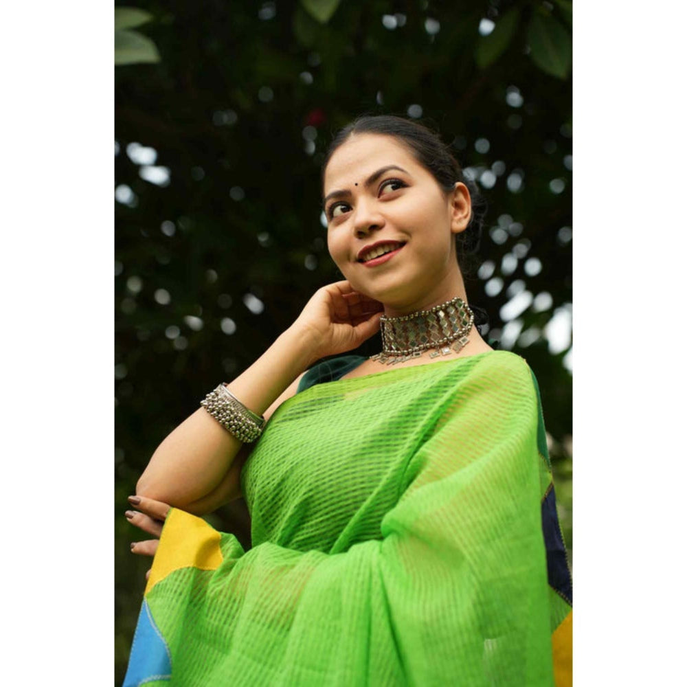 Isadora Life Womens Solid Tassels Green Pre-Draped Saree With Unstitched Blouse