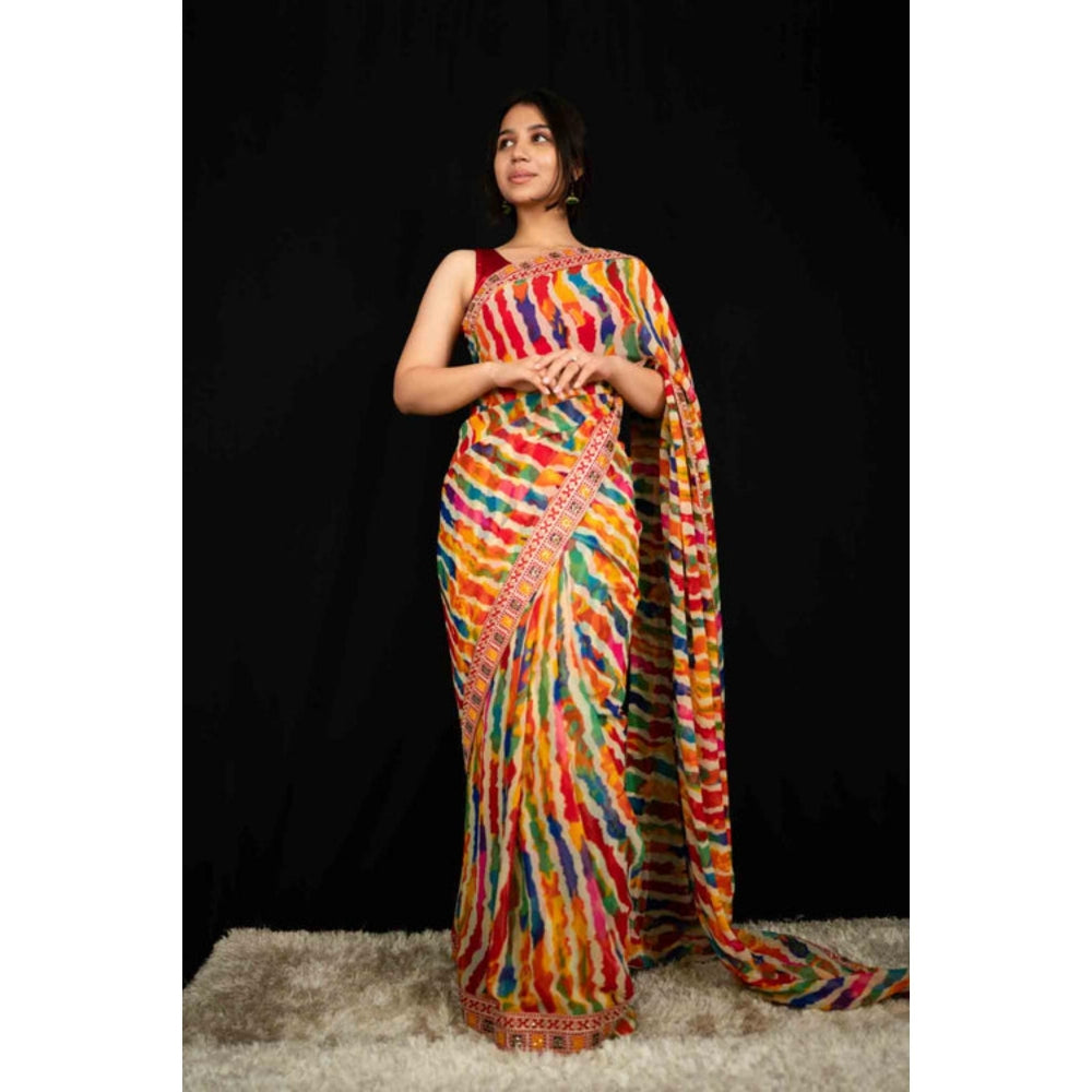 Isadora Life Womens Leheriya Multi-Color Pre-Draped Saree With Unstitched Blouse