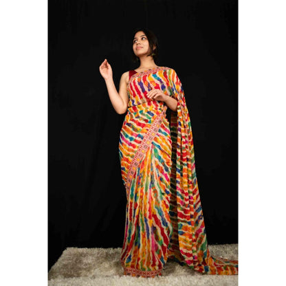 Isadora Life Womens Leheriya Multi-Color Pre-Draped Saree With Unstitched Blouse