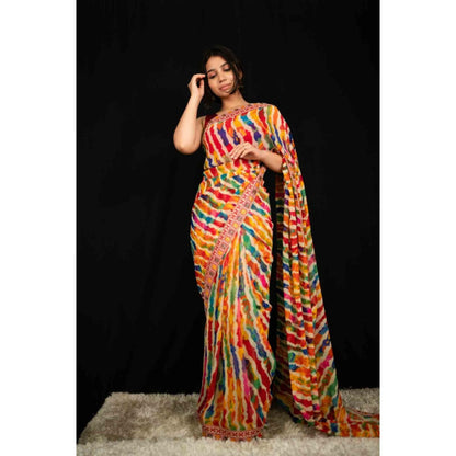 Isadora Life Womens Leheriya Multi-Color Pre-Draped Saree With Unstitched Blouse