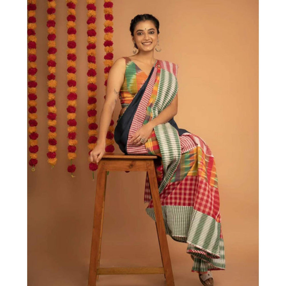 Isadora Life Womens Printed Multi-Color Pre-Draped Saree With Unstitched Blouse