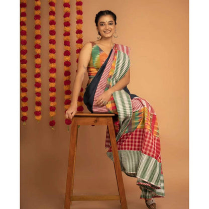 Isadora Life Womens Printed Multi-Color Pre-Draped Saree With Unstitched Blouse