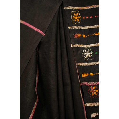 Isadora Life Womens Embroidered Tassels Black Pre-Draped Saree With Unstitched Blouse