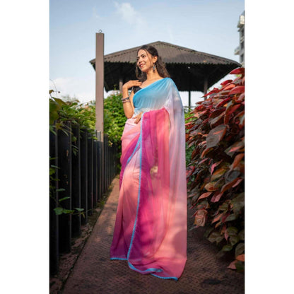 Isadora Life Womens Ombre Lace Work Multi-Color Pre-Draped Saree With Unstitched Blouse