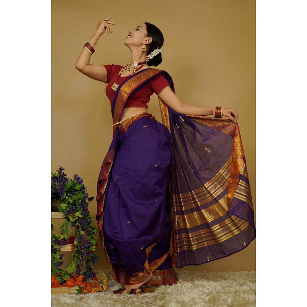 Isadora Life Womens Woven Zari Purple Pre-Draped Saree With Unstitched Blouse