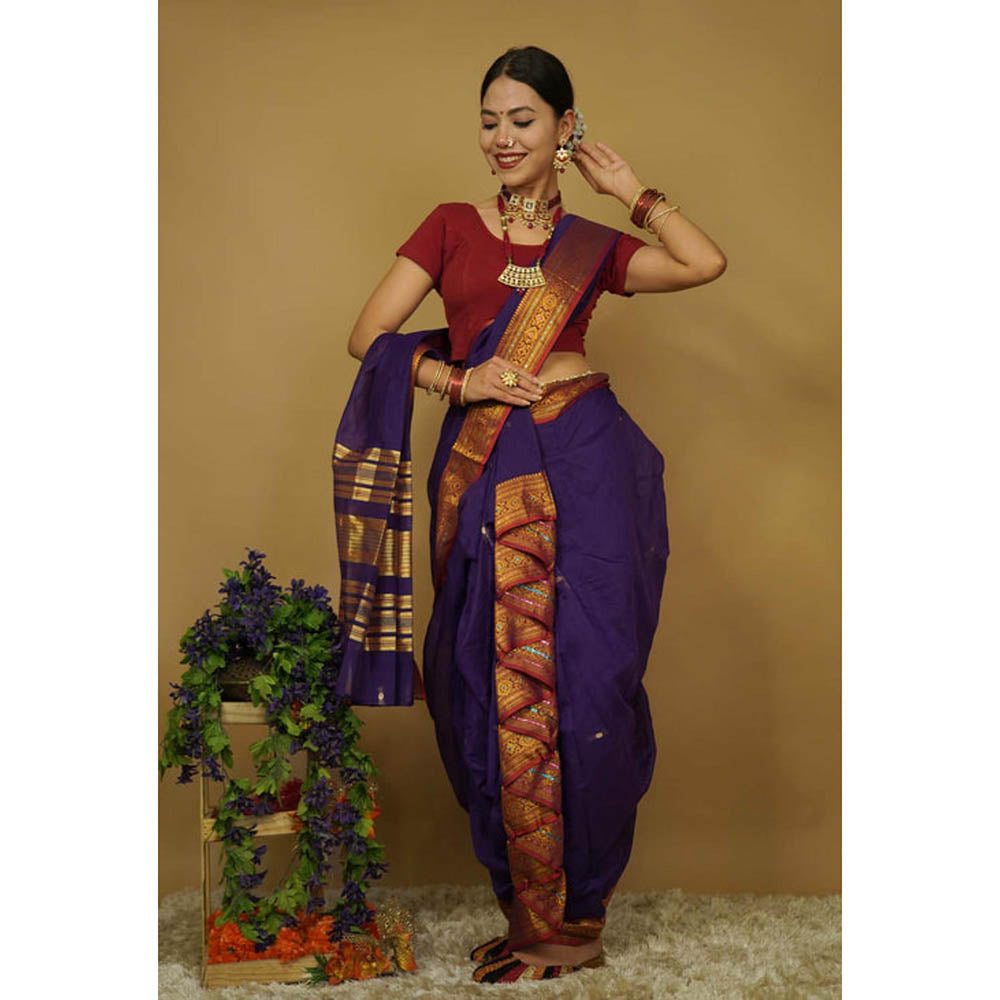 Isadora Life Womens Woven Zari Purple Pre-Draped Saree With Unstitched Blouse