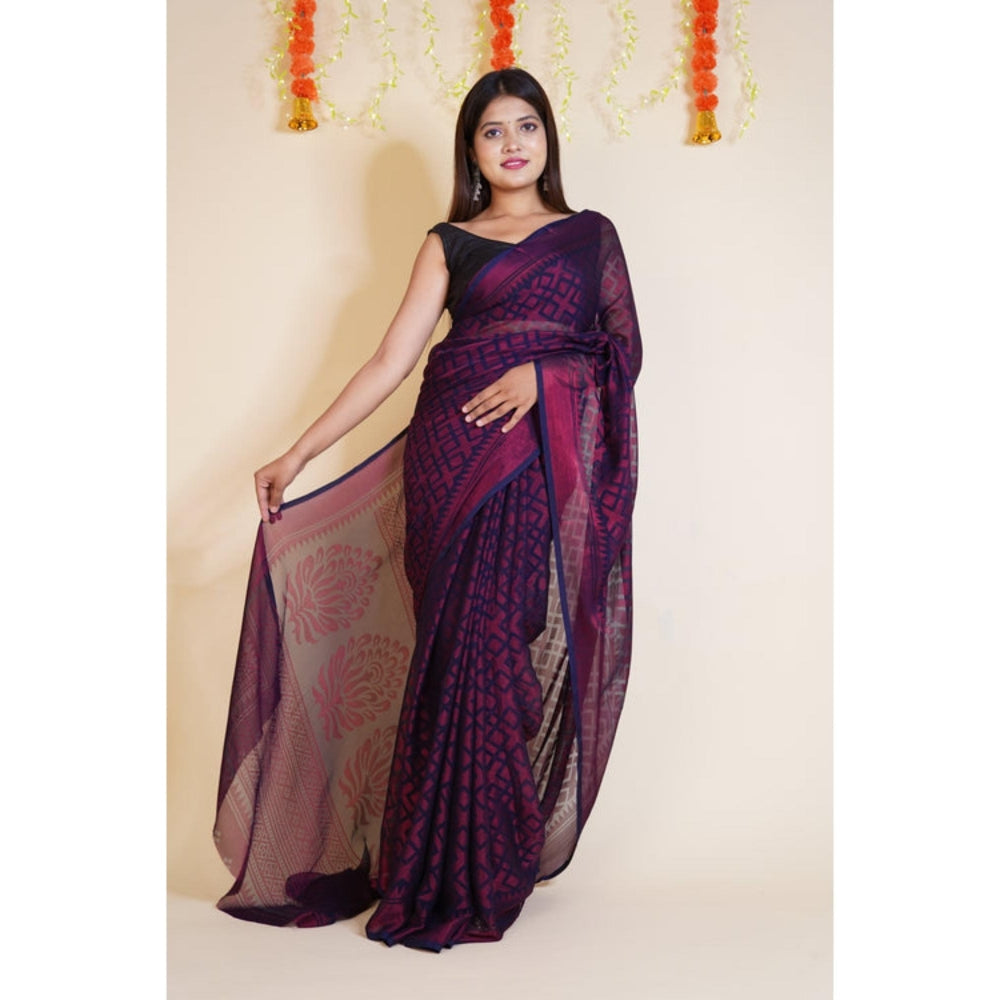 Isadora Life Womens Printed Purple Pre-Draped Saree With Unstitched Blouse
