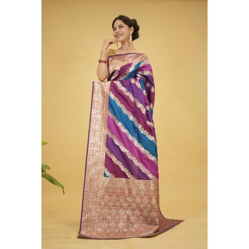 Isadora Life Womens Woven Zari Multi-Color Pre-Draped Saree With Unstitched Blouse