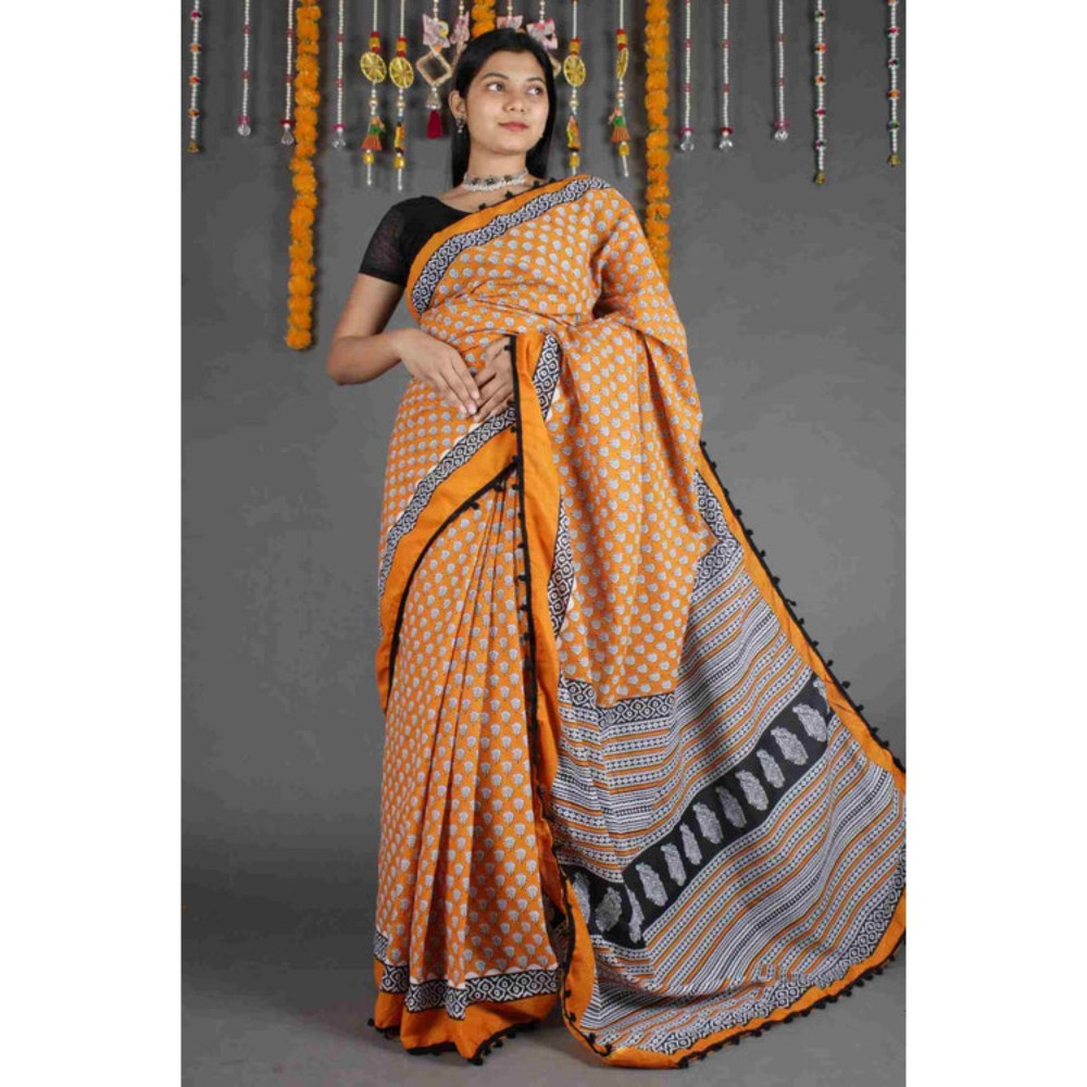 Isadora Life Womens Block Print Mustard Pre-Draped Saree With Unstitched Blouse