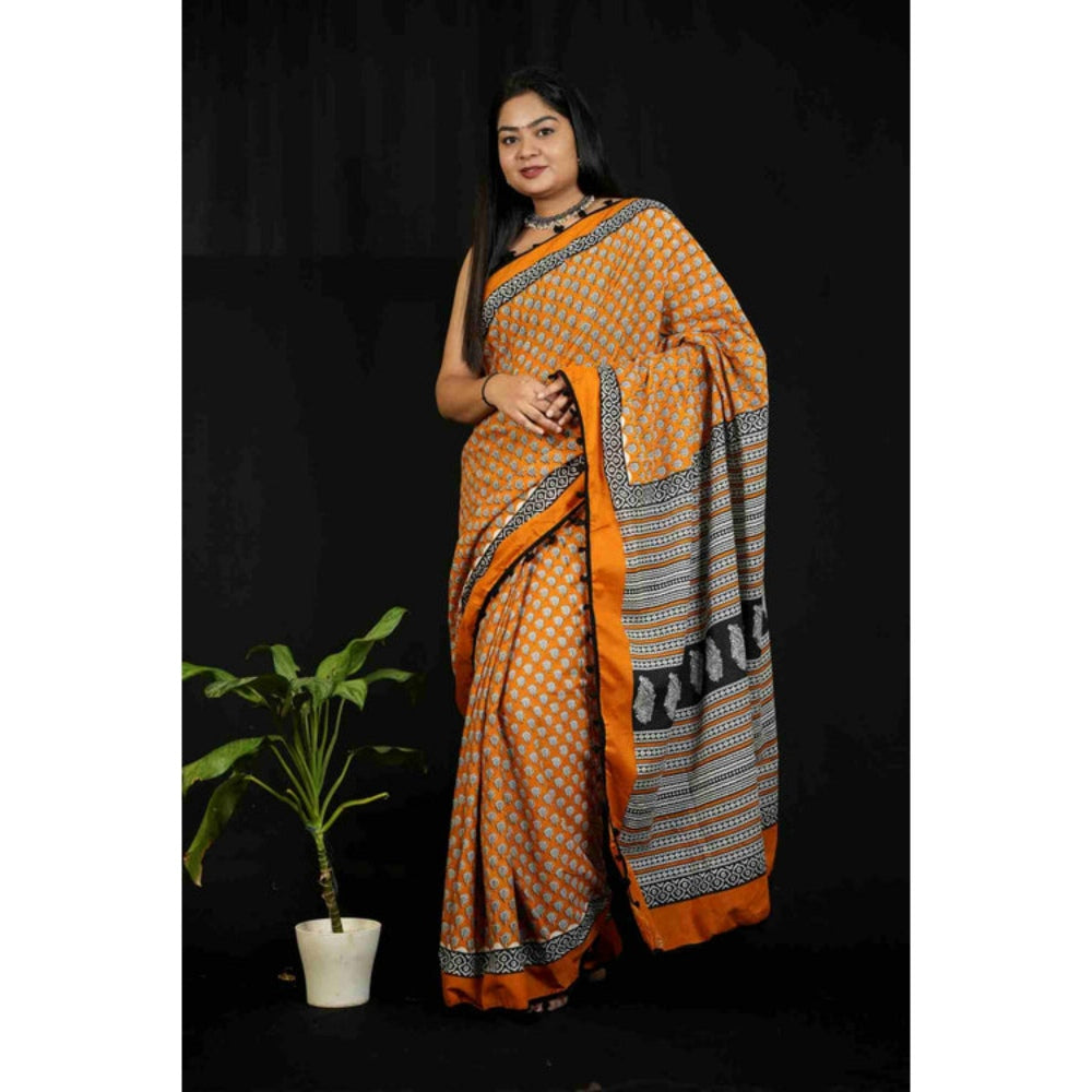 Isadora Life Womens Block Print Mustard Pre-Draped Saree With Unstitched Blouse