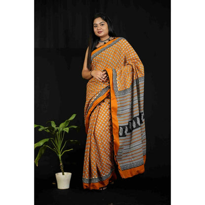 Isadora Life Womens Block Print Mustard Pre-Draped Saree With Unstitched Blouse