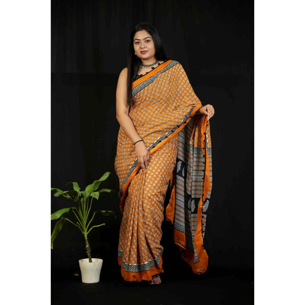 Isadora Life Womens Block Print Mustard Pre-Draped Saree With Unstitched Blouse