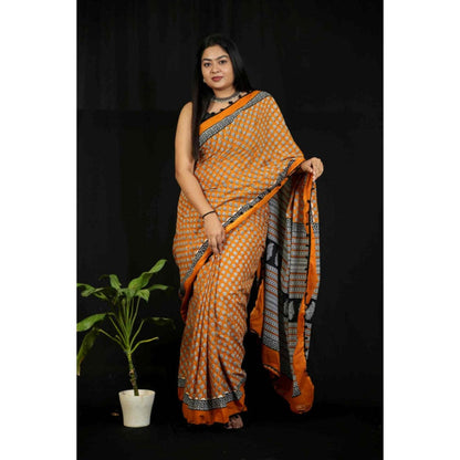 Isadora Life Womens Block Print Mustard Pre-Draped Saree With Unstitched Blouse