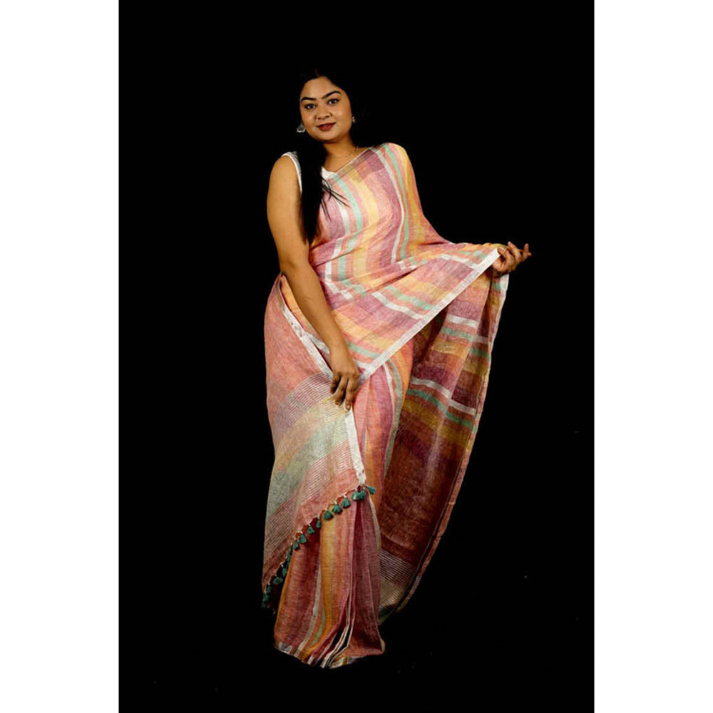 Isadora Life Womens Stripes Tassels Multi-Color Pre-Draped Saree With Unstitched Blouse