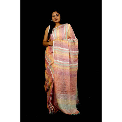 Isadora Life Womens Stripes Tassels Multi-Color Pre-Draped Saree With Unstitched Blouse