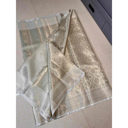 Isadora Life Womens Woven Zari Silver Pre-Draped Saree With Unstitched Blouse