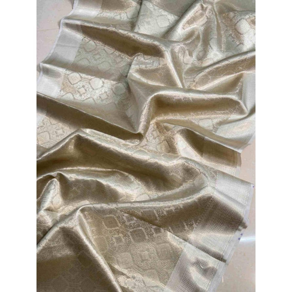 Isadora Life Womens Woven Zari Silver Pre-Draped Saree With Unstitched Blouse