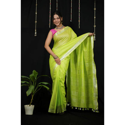 Isadora Life Womens Solid Tassels Green Pre-Draped Saree With Unstitched Blouse