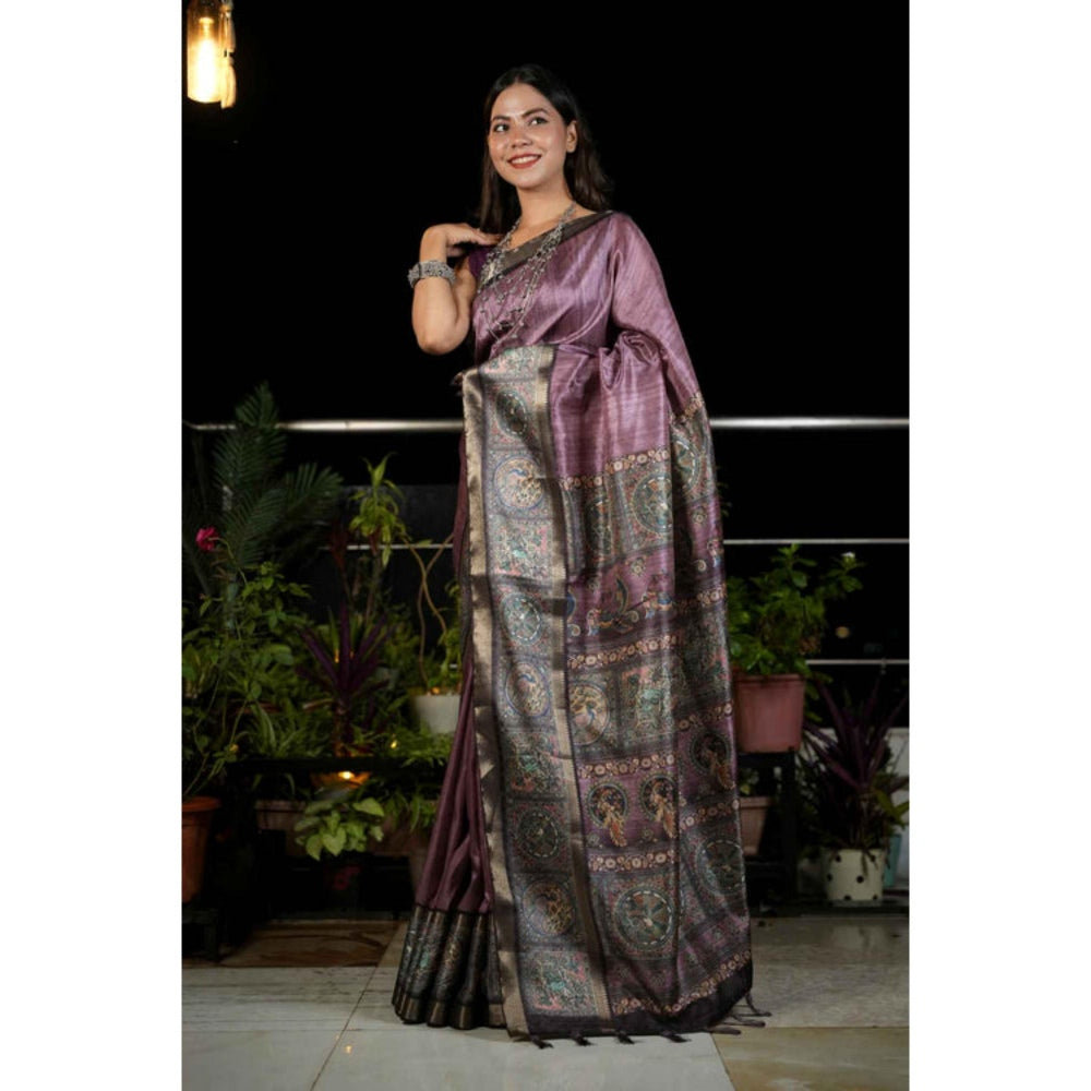 Isadora Life Womens Woven Kalamkari Purple Pre-Draped Saree With Unstitched Blouse