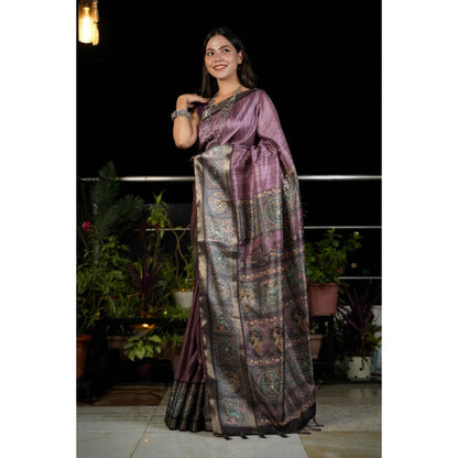Isadora Life Womens Woven Kalamkari Purple Pre-Draped Saree With Unstitched Blouse