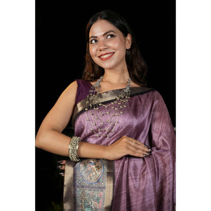 Isadora Life Womens Woven Kalamkari Purple Pre-Draped Saree With Unstitched Blouse