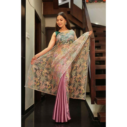 Isadora Life Womens Embroidered Sequined Pink Pre-Draped Saree With Unstitched Blouse