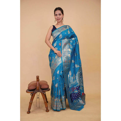 Isadora Life Womens Woven Zari Blue Pre-Draped Saree With Unstitched Blouse