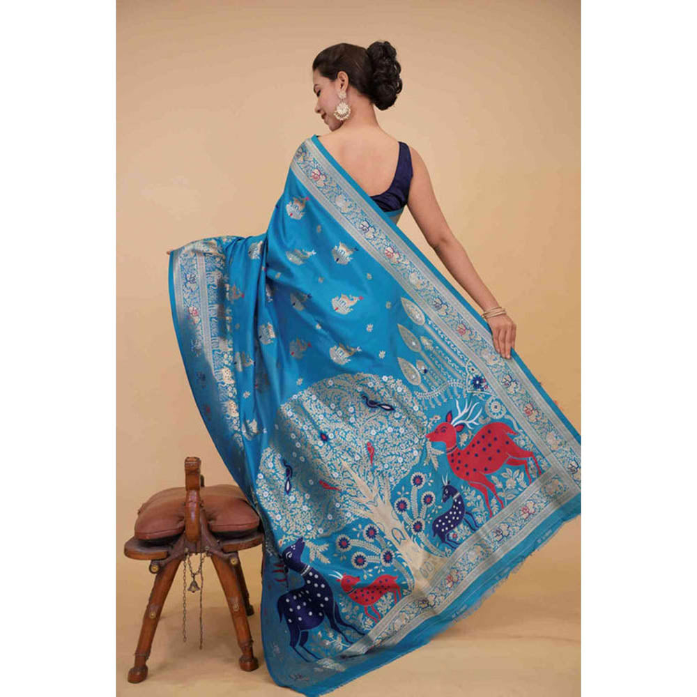 Isadora Life Womens Woven Zari Blue Pre-Draped Saree With Unstitched Blouse