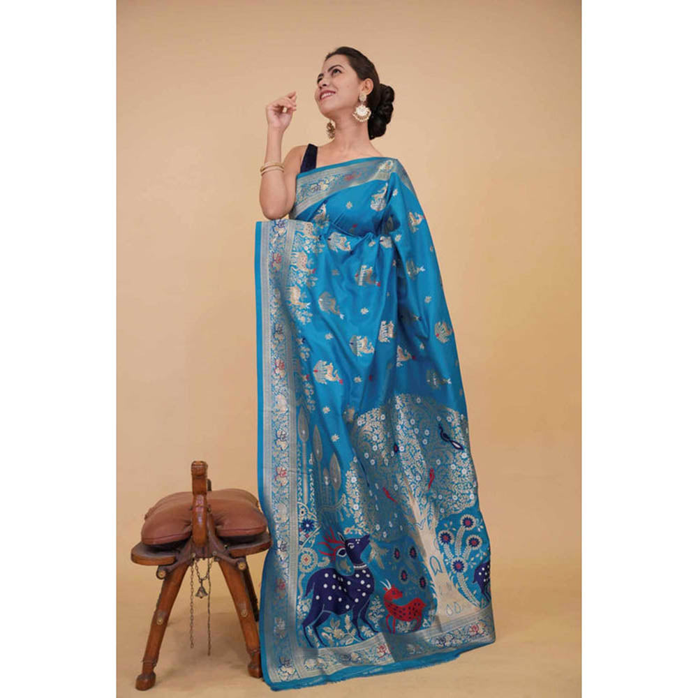 Isadora Life Womens Woven Zari Blue Pre-Draped Saree With Unstitched Blouse