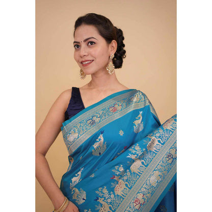 Isadora Life Womens Woven Zari Blue Pre-Draped Saree With Unstitched Blouse