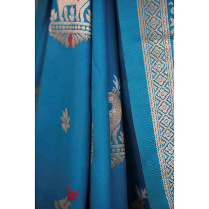 Isadora Life Womens Woven Zari Blue Pre-Draped Saree With Unstitched Blouse