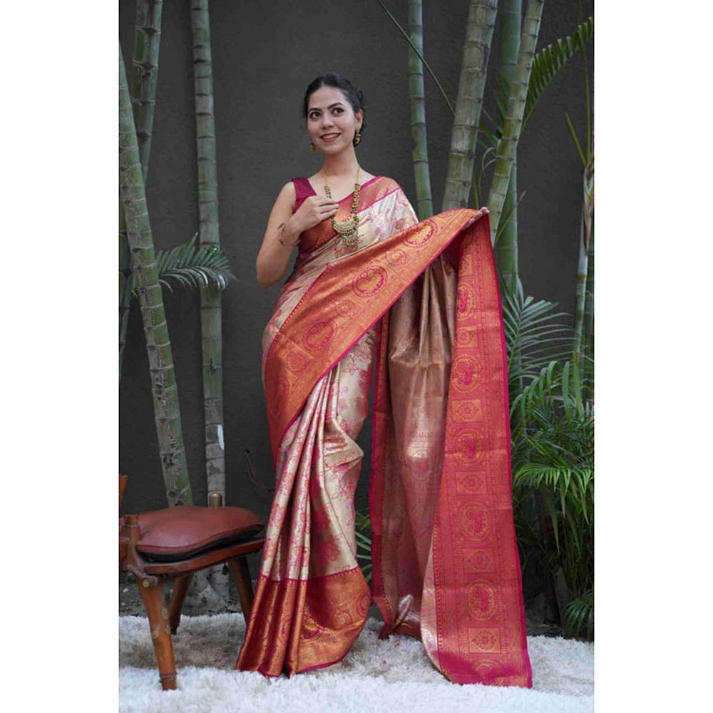 Isadora Life Womens Floral Zari Beige Pre-Draped Saree With Unstitched Blouse