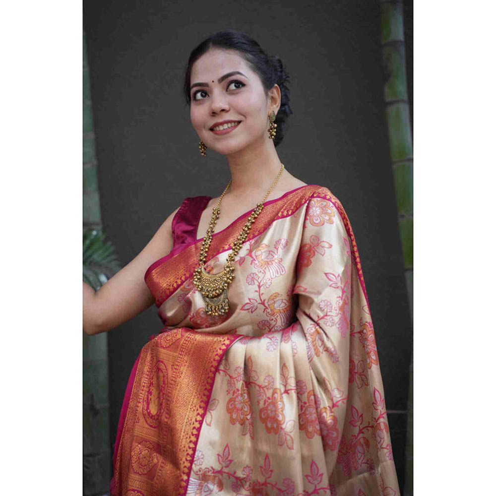 Isadora Life Womens Floral Zari Beige Pre-Draped Saree With Unstitched Blouse