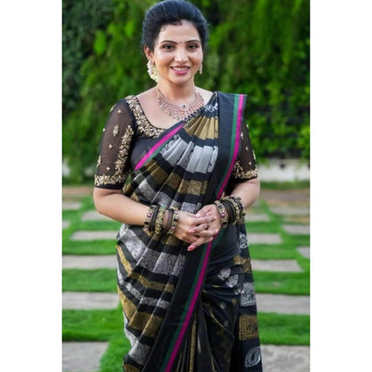 Isadora Life Womens Woven Zari Black Pre-Draped Saree With Unstitched Blouse
