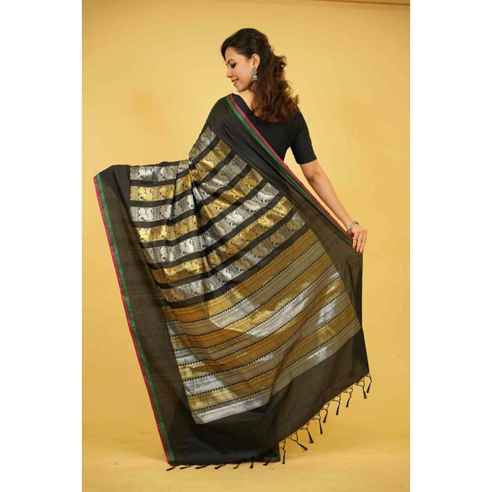 Isadora Life Womens Woven Zari Black Pre-Draped Saree With Unstitched Blouse